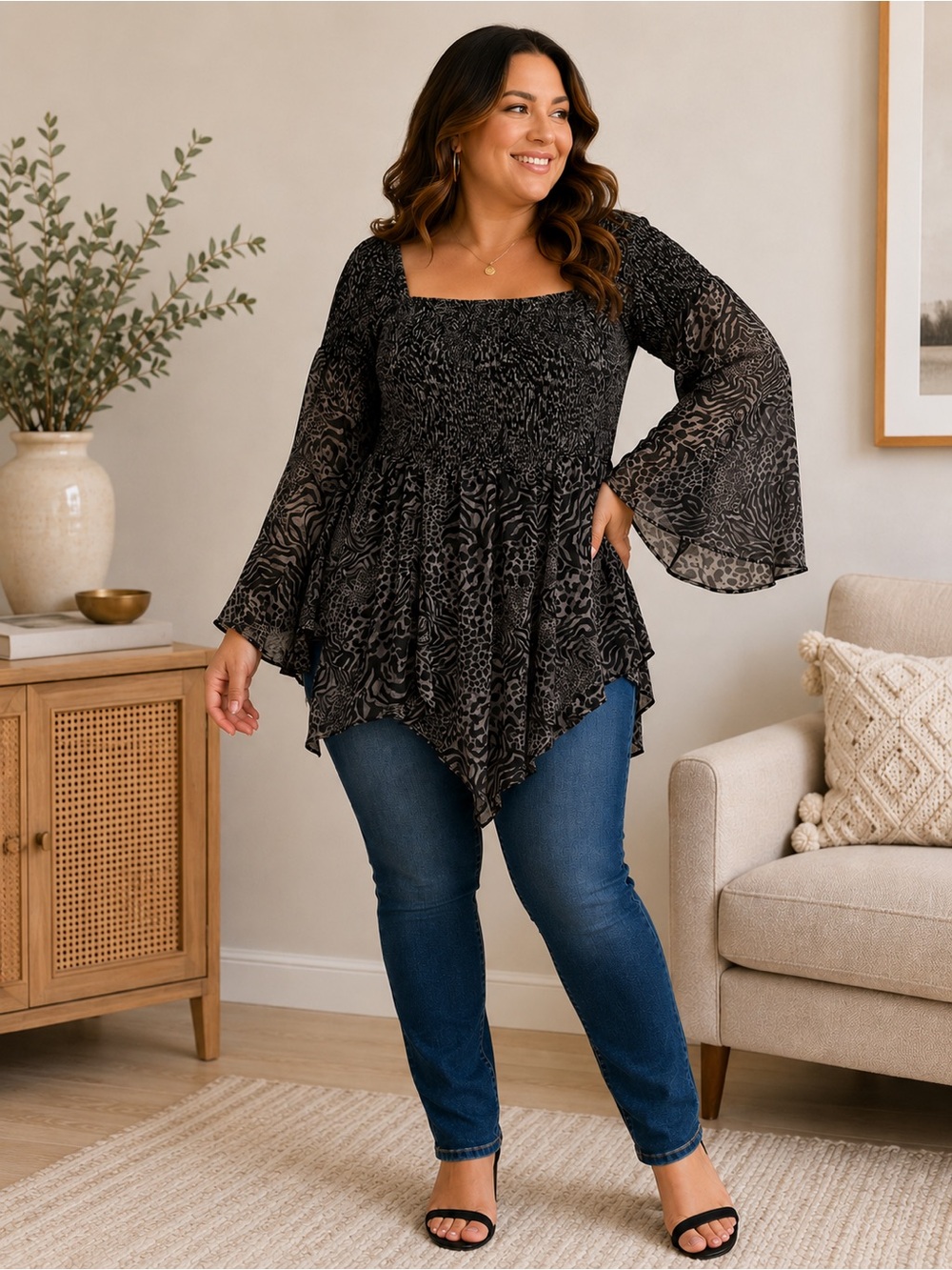 Torrid Size 1 Gray Mixed Animal Print Smocked Bell Sleeve Babydoll Top Boho Glam